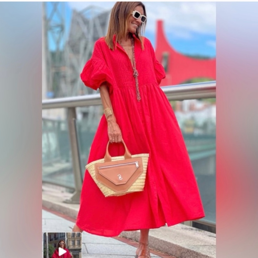 Marielle Almelo Dress Phoebe Red Button Down Puffy Sleeves One Size Vacation
